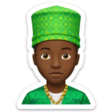 Create me an emoji of a cool Young Nigerian prince wearing a neon green gradient African patterns with "hula hat" (a Nigerian-inspired hat).  sticker