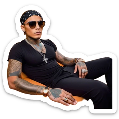 A stylish, tattooed man with sunglasses sits confidently in the backseat of an orange interior luxury car, resembling a Rolls-Royce, under a glowing starlit ceiling. He wears black bandana-print pants, a black shirt, and accessorizes with bracelets and a watch. The ambiance is sleek and high-end, giving off a celebrity lifestyle vibe. Next to him, Kylie Jenner sits with a glamorous and confident expression, dressed in a fashionable outfit, exuding wealth and star power. Both are relaxed, embodying luxury and exclusivity in a VIP setting sticker
