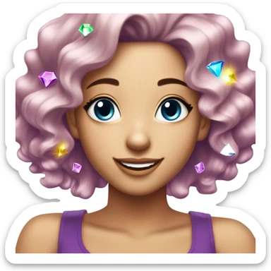 one girl with purple diamond hair made from purple crystals or diamonds or jewels, she is feeling happy and elated and excited, make her hair shiny with prisms and angles and edges, now make her hair crystallized, make her hair only crystals and gems sticker