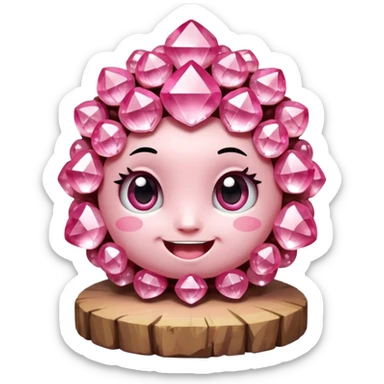 A single cute pink crystal cluster character, chunky round base with many tall rose-pink crystal quartz cluster, faceted and slightly imperfect, on the front of the base a kawaii face with big shiny eyes and a happy open smile very shiny sticker