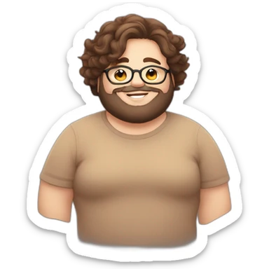 Chubby non binary round glasses attached long brown hair beard sleepy smiling hug sticker