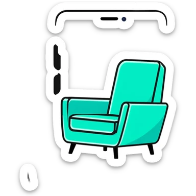 angled smartphone in foreground displaying armchair product page, with sparkle effect on the left side sticker