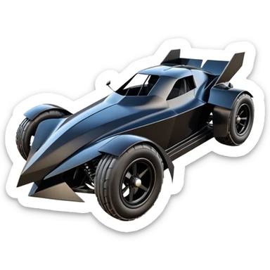  the animated series aerodynamic futuristic Venom Batmobile loosely based on 1936 freightliner school bus (flat long straight faceted mechanical body) stealthy town hot rod desert dirt racing rwd buggy  sticker