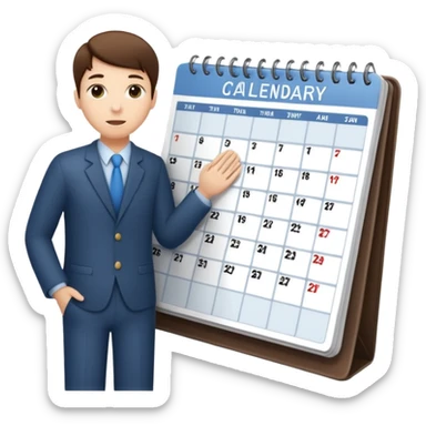  A person standing behind a large calendar or planner, representing scheduling or appointment management. sticker