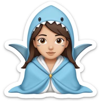 Egyptian-haired girl with black eyebrows, brown hair, Iranian descent, wearing a shark costume with a blanket. sticker