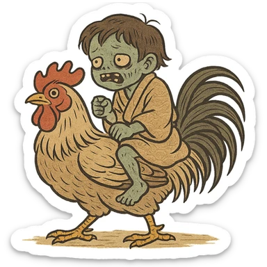 chicken jockey, stylized zombie child riding a chicken, Japanese ukiyo-e style sticker
