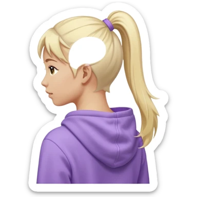 back view of a person with a high light blonde ponytail, wearing a pastel purple hoodie, iOS Apple emoji style sticker