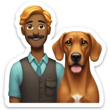 white male with long rainbow colored hair and a curled mustache standing alongside a brown rhodesian ridgeback dog sticker