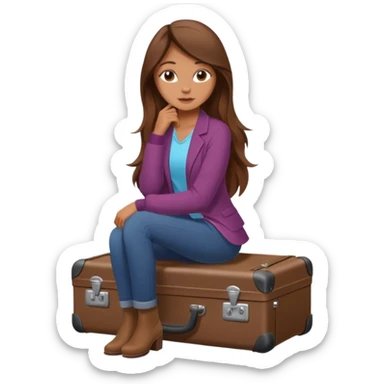 The sticker is a realistic beautiful woman with long brown hair, sitting on a suitcase, a cartoon-style vector illustration created using Procreate --chaos 25 sticker