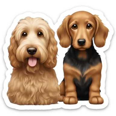 Brown golden doodle and black and tan and cream longhair dachshund sitting together  sticker