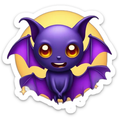 purple and black evil face vampire bat anime sparkle eyes wings flying in front of large dripping crescent moon sticker