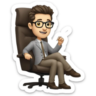 Pale skinned Fit Man With dark brown hair in gray jacket, beige office shirt, Brown pants and vintage glasses sitting In a soft chair with a notebook and a pen Fooling with his tongue sticker