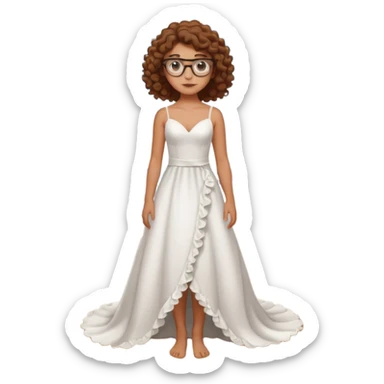 Chica blanca, pelo rizado, gafas, vestido novia playa cuerpo entero, pelo castaño sticker