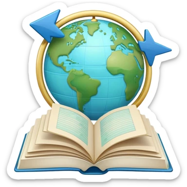 Create an emoji representing language translation. The design should feature an open book or a document with text in multiple languages (e.g., English, Spanish, Chinese), and a translation icon (such as an arrow between two languages) to symbolize the process of converting text. Include elements like a globe or a speech bubble to represent global communication. Use clear, simple lines and a color palette with blues, greens, and subtle neutral tones to convey the idea of clarity and understanding. Make the background transparent. sticker