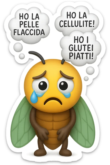 EMOJI STILE IPHONE 3D DI una cicala triste che si tocca le cosce e piange perché non le piace il suo fisico, posa frontale, fagli anche la parte bianca degli occhi, non solo la pupilla, sulla testa della cicala aleggiano i pensieri "HO LA PELLE FLACCIDA", "HO LA CELLULITE!", "HO I GLUTEI PIATTI!" sticker
