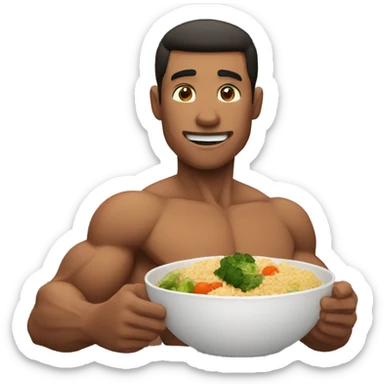 muscular man eating rice, meat and vegetables sticker