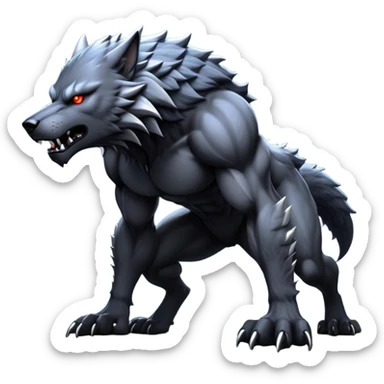cinematic-noble-fierce-werewolf-on all fours-emoji, poised-and-imposing, with a tall, lean, and muscular wolfish frame inspired by the brutal, imposing shape of the beast from Berserk, fur rippling in shades of midnight black and silver, massive paws with razor-sharp claws, elongated limbs and fangs, eyes glowing with an intense, primal ferocity, reflecting the untamed power of the wild moonlit night; rendered with realism sticker
