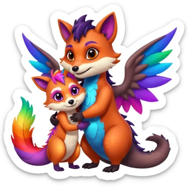 black female raccoon dragon hybrid with rainbow colored wings and purple eyes giving a big hug to a red female fox dragon hybrid with rainbow colored wings and orange eyes sticker