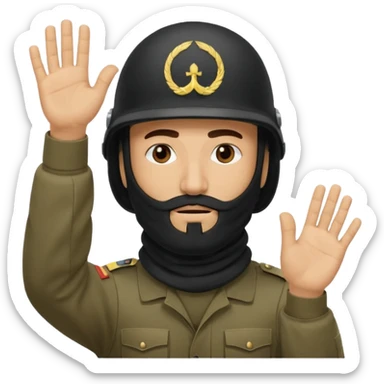 surrenders, depicts an Iraqi soldier from 1980, with a beard, in a helmet, with a balaclava, with a sad face and raised hands sticker