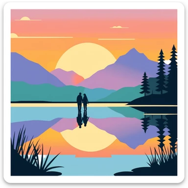 Couple sunset lake sticker