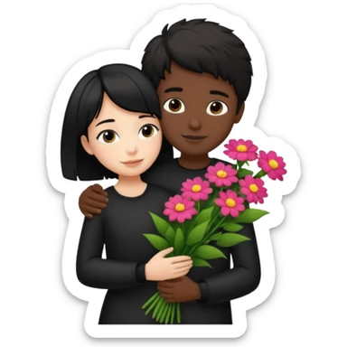 a pretty bratz fair girl with short black shaggy hair with a tall boy hugging her and flowers wearing black  sticker