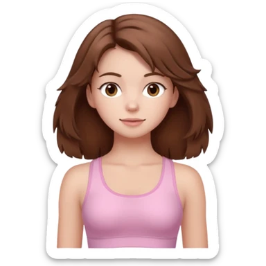 brown hair girl wearing light pink pilates clothes, fluffy medium hair and brown eyes sticker