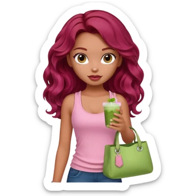 a pretty fair bratz girl with wavy dark red hair, wearing a pink tank top , carrying a matcha and a pink bag sticker