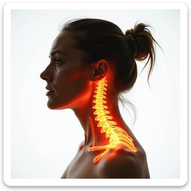 realistic anatomical side view of a woman with highlighted and contracted cervical muscles, suffering expression, white background sticker