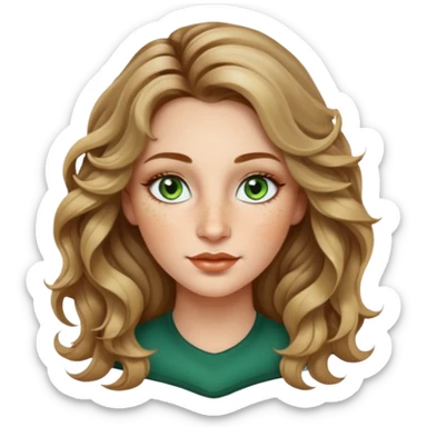 creative women with long dark Blond with highlights wavy hair white women, oval shape face green hazel eyes long lashes freckles on the nose high cheek bones sticker