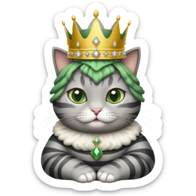 Gatito gris oscura con rayas negras ojos verdes vestida de reina con coronas y diamantes, más peluda y gordita  sticker