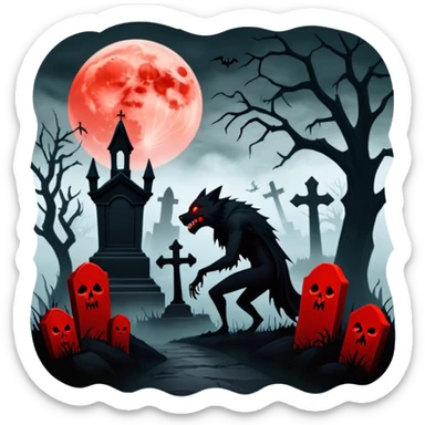Icon for Horror Movies: A chilling collage with a monstrous werewolf or vampire, dark silhouettes, eerie graveyards, and creepy elements like spiders and tombstones. Ghostly fog surrounds, with a blood-red moon in the sky. The atmosphere is unsettling, eerie, and haunting. Transparent background. sticker