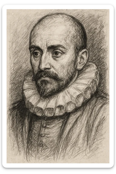 a hand drawn black outline portrait of philosopher Montaigne with similar-sized eyes based a famous portrait of him sticker