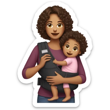mom with light tan skin, shoulder length dark brown curly hair carrying 2 baby carriers sticker