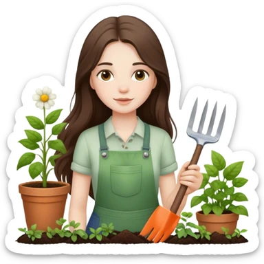beautiful pale brunette girl with long hair gardening sticker