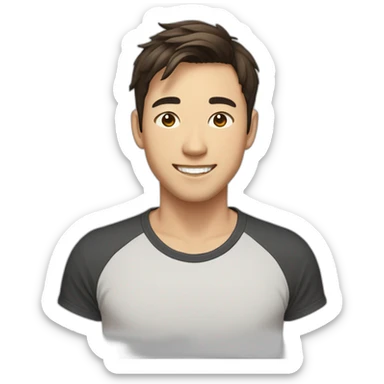guy with brown hair, medium length hair, in his 20s, asian, smiling, t-shirt, shoulder sticker