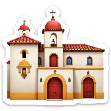 Spanish mission style house with bell tower and arches, displaying a Spanish flag (red-yellow-red horizontal stripes) hanging from a window sticker