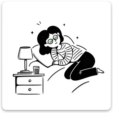 Hand drawn girl sleeping with cucumber slices on eyes and face mask, self care night sticker