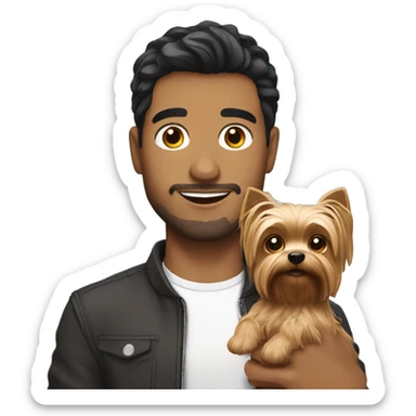 A guy with dark hair holding a cute yorkshire terrier sticker