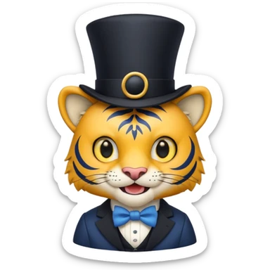 Blue chibi tiger with big yellow eyes and fangs, smiling, with a black crow wearing a top hat on its head. sticker