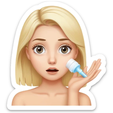 blonde girl with grey eyes doing skincare with surprised face sticker