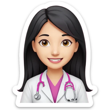 A indian female doctor with black long hair , doe eyes smiling without teeth , wearing white lab coat over dark pink scrubs and properly drawn stethoscope  sticker