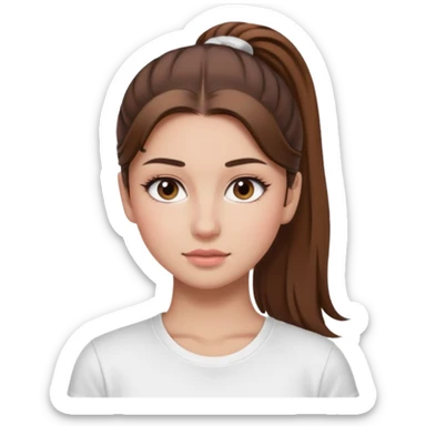 Chica de pelo con una cola de clean look  y marrón con ojos color marrón  y una camiseta blanca y la piel blanca con pestañas y maquillada clean look  sticker