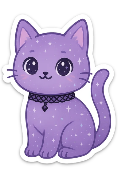Remove the background, keep the whimsical purple galaxy gothic cat with lace choker and transparent background, no background visible. sticker