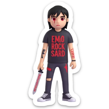 emo character with visible self harm scars, wearing a black rock band shirt with red text, expressive and moody, detailed sticker