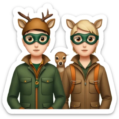2 personnages : 1 Biche des bois avec un manteau en fausse fourrure et 1 chasseur bête  sticker