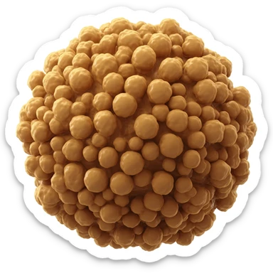Hyper-realistic 3D medical illustration of brown adipose tissue isolated on a neutral background, dense granular golden-brown clusters with smaller multilocular fat droplets, rich textured surface, soft studio lighting, highly detailed, scientific educational style, no human body. sticker