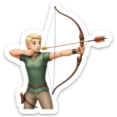 An archer drawing a bow and aiming an arrow at a target, with perfect focus and precision. The target is visible in the background, featuring concentric rings. The scene captures the concentration and skill involved in archery, emphasizing the elegance and accuracy of the sport. sticker