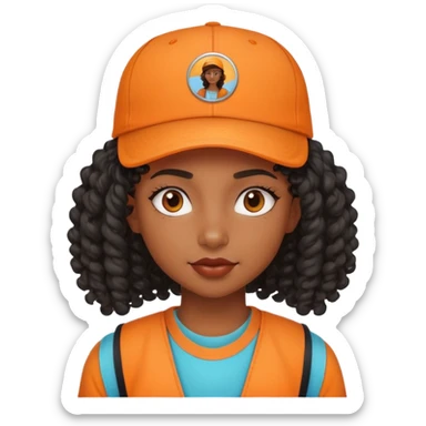 Black girl with curly mullet and a cap on in an orange shirt  sticker