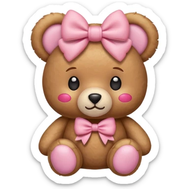 The og emoji teddy bear with some pink blush and a cute pink coquette bow in the ear sticker