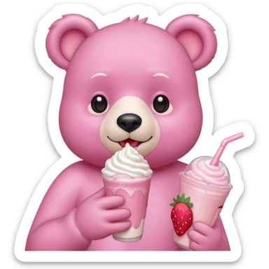 A pink bear is holding a strawberry and drinking a strawberry milkshake 
transparent background 
the style should be a teenager's hand-drawn, 2D, 2020s Japanese character-like sticker